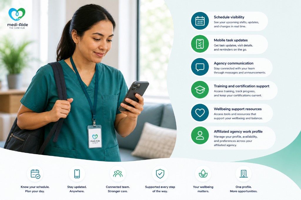 Caregiver using the Medi-Aide mobile app, with callouts for schedule visibility, mobile task updates, agency communication, training and certification support, wellbeing support resources, and an affiliated agency work profile