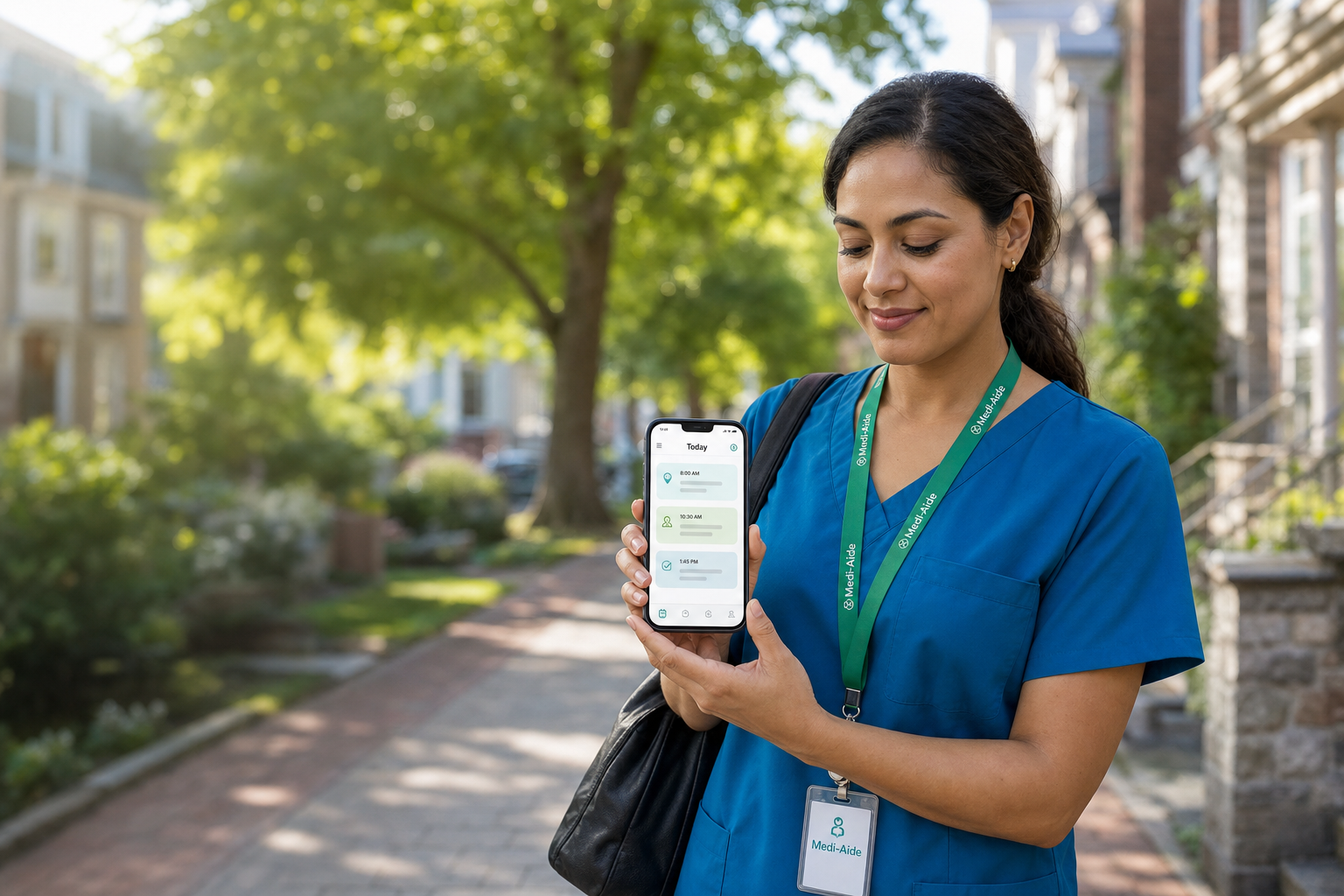 Caregiver checking today's schedule on the Medi-Aide mobile experience