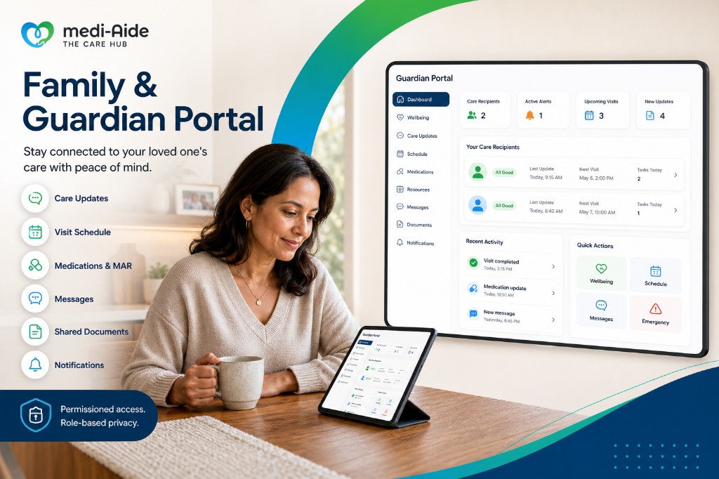 Family member reviewing care updates on a tablet at home